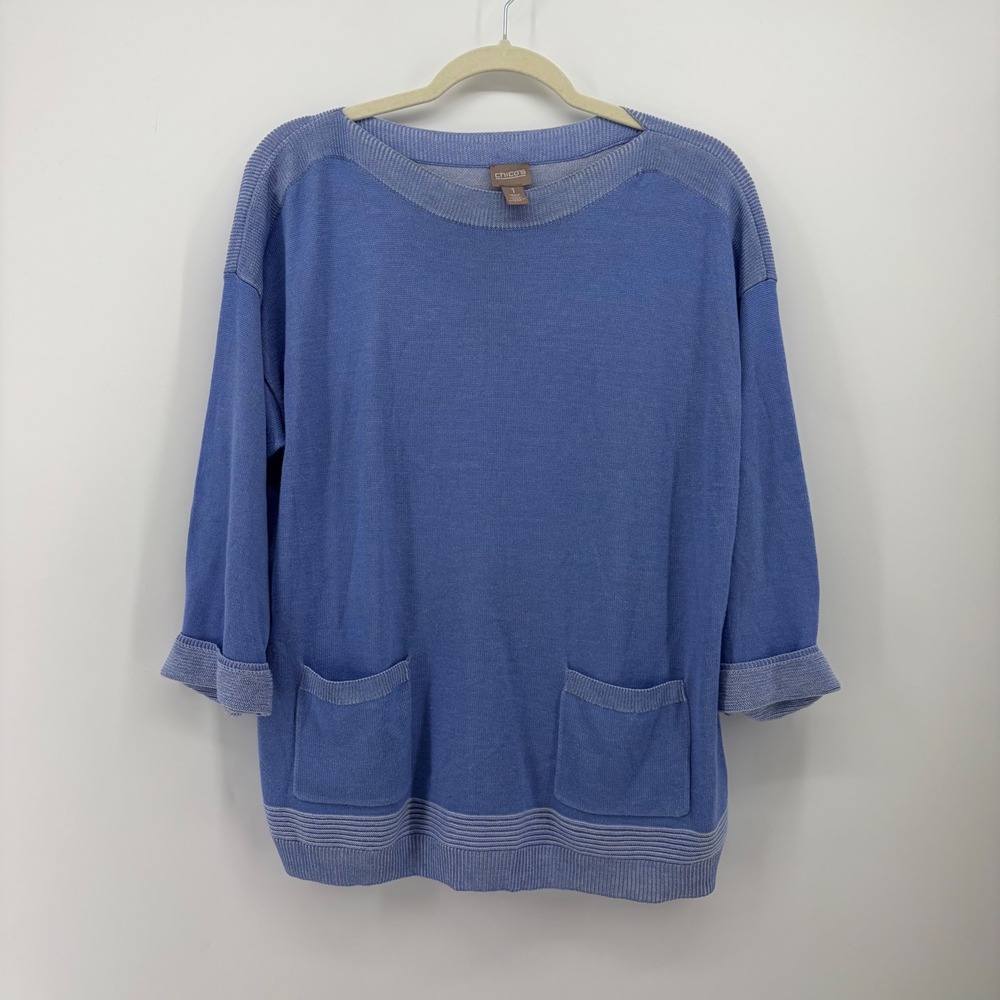 Chico's Womens 1 (M) Blue Sweater Boat Neck 3/4 Sleeve Patch Pocket Ribbed Trim